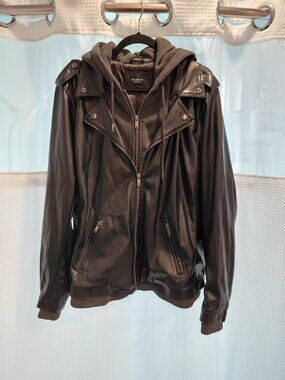 Black Faux Leather Moto Jacket w/Dark Gray Knit Zip-Up Hoodie "Inside"- Size 3